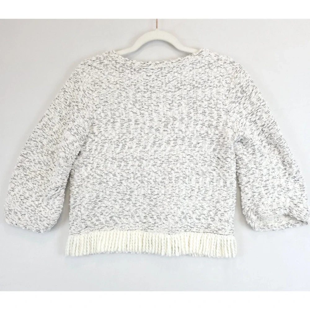 Vince Camuto Fringe‎ Trim Textured Sweater Women XS V Neck White Black Cozy Knit